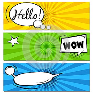 Hello! WOW! Comic speech bubbles. Pop art vector label illustration. Vintage comics book poster on green background. photo